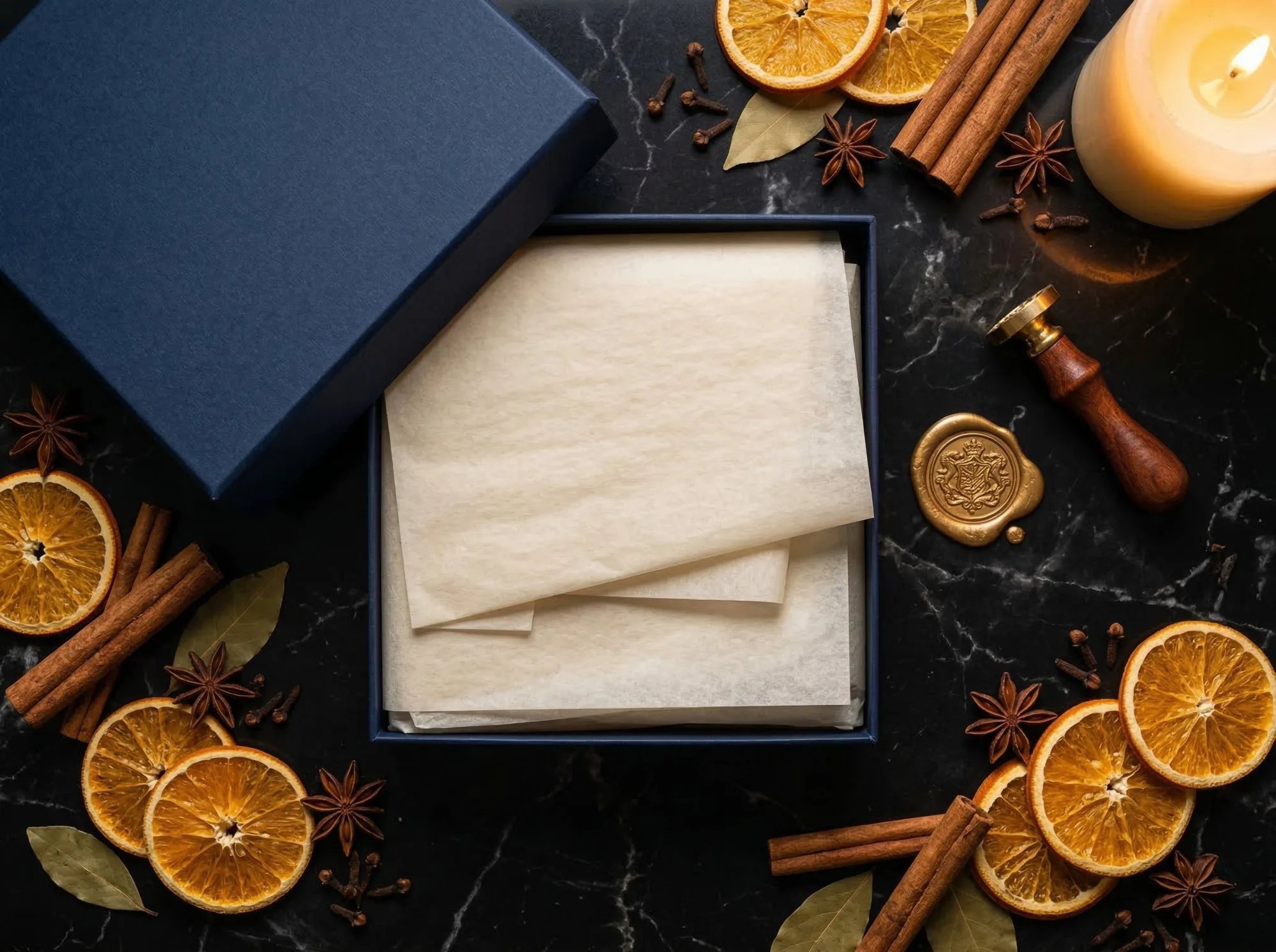 Open navy rigid gift box on black marble with gold wax seal